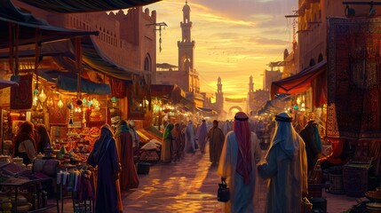 Fototapeta na wymiar The warm glow of sunset bathes a traditional Moroccan market, where locals engage in commerce amid vibrant stalls and goods. Resplendent.