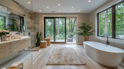 Spacious Bathroom With Large Tub and Double Sinks