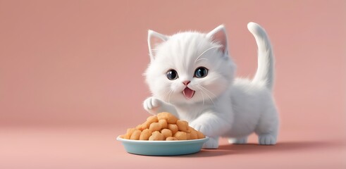 isolated soft background with copy space, kitty eat something concept