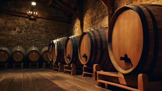 Background of wooden oak barrels in cellar of winery