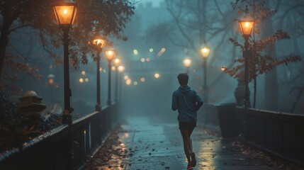 Person Running in the Rain at Night