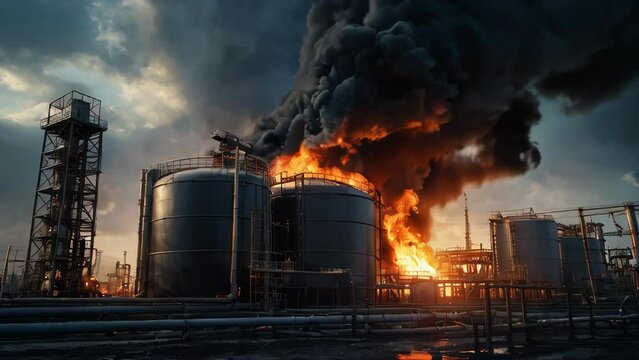 Oil storage fire. A metal industrial tank farm is on fire. Black smoke billows in the sky. Concept technogenic disaster and ecological catastrophy