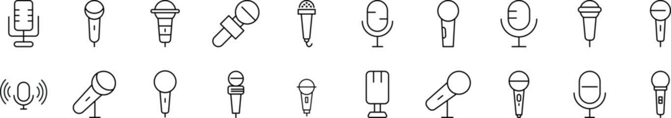 Collection of thin signs of microphone. Editable stroke. Simple linear illustration for stores, shops, banners, design