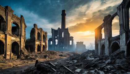 Post apocalyptic ruined city scape. Abandoned town with old broken buildings - obrazy, fototapety, plakaty