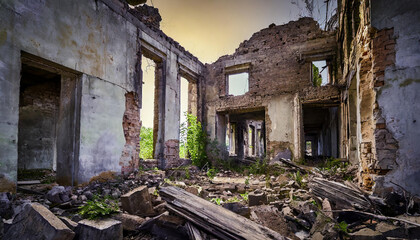 Fototapeta na wymiar Post apocalyptic ruined city scape. Abandoned town with old broken buildings