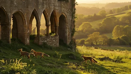 Foto op Canvas Three foxes walk past the sunlit ruins of an old stone structure in a lush green meadow © Seasonal Wilderness