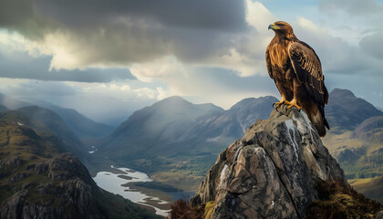 A golden eagle stands proudly on a rocky outcrop overlooking a misty valley with a winding river - obrazy, fototapety, plakaty