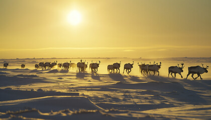 Fototapeta na wymiar A herd of reindeer treks across the snowy tundra under a golden sunset, casting long shadows on the crisp snow