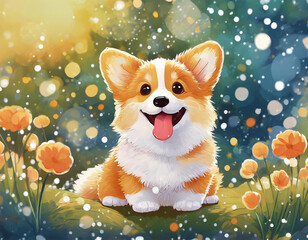 A cute, adorable, happy kawaii pappy smilling at viewer. Vibrant, dreamy vibe around the puppy. Kawaii art. 