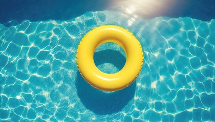 yellow swimming pool ring float in blue water. concept color summer. top view