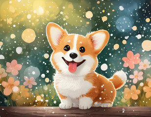 A cute, adorable, happy kawaii pappy smilling at viewer. Vibrant, dreamy vibe around the puppy. Kawaii art. 