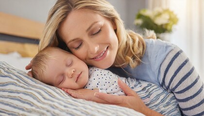 Tender bond Bright image of a mother's love with her peacefully sleeping infant at home bed - obrazy, fototapety, plakaty