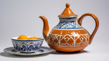 Tea Pot and Bowl of Oranges on Table for Ramadan 2024