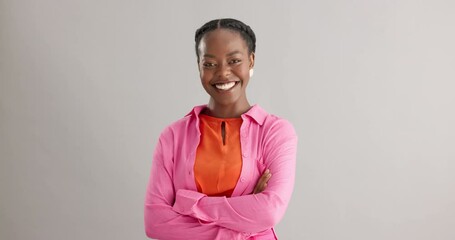 Black woman, arms crossed and portrait with smile in studio for fashion, confidence and pride on grey background. African person, happy and face of person with trendy, style and positive mindset