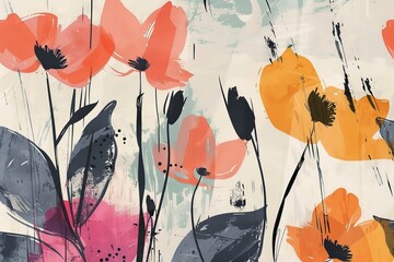 A painting of flowers with a pink and orange background