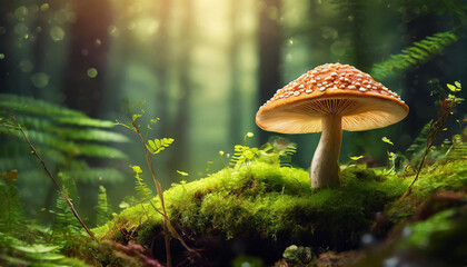 Wild mushroom growing in the forest on mossy ground. Green woods. Beautiful nature.