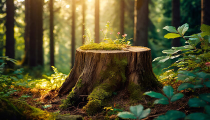 Tree stump with green moss in the forest. Natural autumn background.