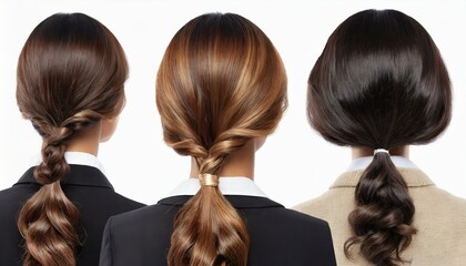 Various haircuts for woman with black hair - long straight, wavy, braided ponytail, small perm, bobcut and short hairs. View from behind on white background - obrazy, fototapety, plakaty