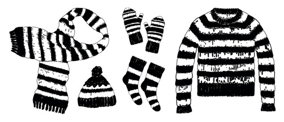 Collection of drawn striped wool knitted clothing for cold weather, sweater, hat, mitten, scarf, black and white vector illustration isolated on white