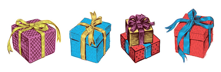 Gift boxes set tied ribbons with elegant bow for different holidays birthday, new year, christmas,colorful hand drawings vector illustration isolated on white
