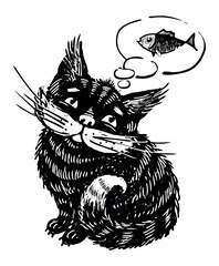 Hand drawing of cute cartoon black cat dreaming about fish, black and white vector illustration isolated on white