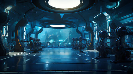 A gym interior for a futuristic underwater research facility fitness center, with underwater...