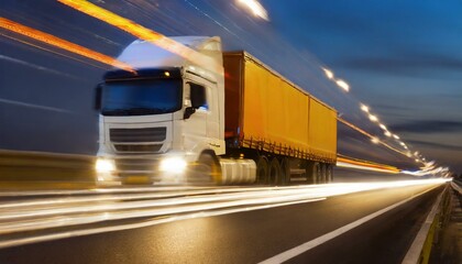 Transportation, logistic, highway traffic concept. Truck on highway, speedway, street in night time. Motion blur, light trails