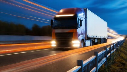 Transportation, logistic, highway traffic concept. Truck on highway, speedway, street in night time. Motion blur, light trails