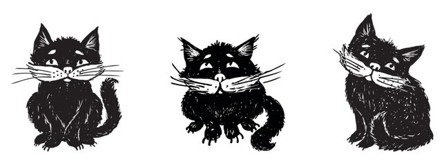 Hand drawings of three sitting cute cartoon black cats, black and white vector illustration isolated on white