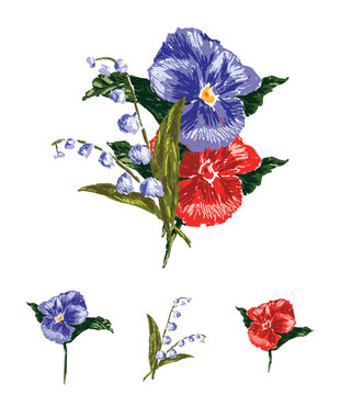 Hand drawing of small bouquet from red blue pansies and lily of the valley, vector illustration isolated on white