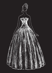 Obraz premium Textured outline drawing of young slim beautiful lady in evening gown, vector illustration black and white