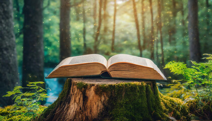 Open book on stump in the forest. Natural autumn background.