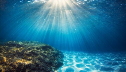 Fototapeta na wymiar Underwater background with blue water and sun rays