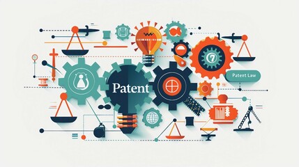 the text Patent Law  with an infographic that visually explains the process of navigating through Patent Law. 
