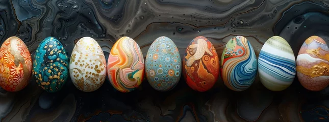 Tuinposter Colorful easter eggs lined up on table, resembling gemstones © Raptecstudio
