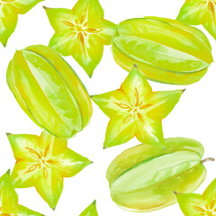 Star fruit pattern, watercolor illustration of tropical green carambola slices and whole pieces
- 749610128