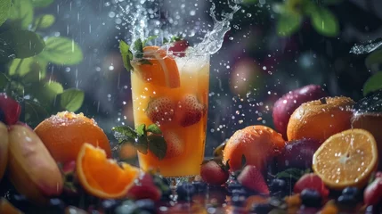 Poster Healthy fresh fruits juice, drink. Vitamins, fitness drink, health food. © steve