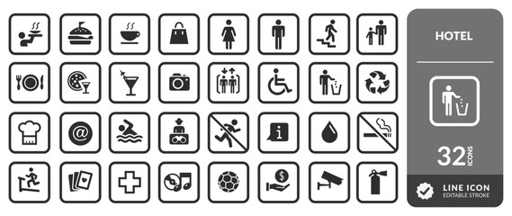 COLLECTION OF LINE EDITABLE HOTEL VECTOR ICONS. KIT WITH SQUARE PLATES FOR RESTAURANTS, BATHROOMS, WET AREAS, FIRE AREAS, LEISURE AREAS, SECURITY, SPORTS, FAMILY AREAS AND OTHERS
