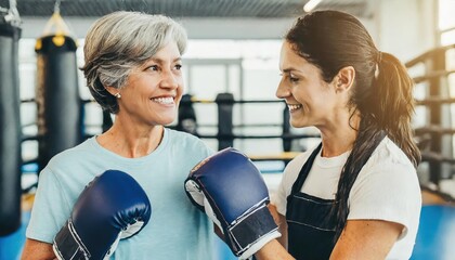 Fototapeta premium Senior woman boxer, displaying vitality and resilience, practicing with her coach