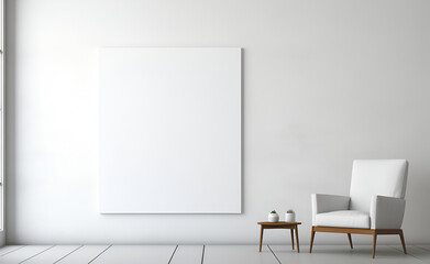 White armchair near white wall with picture, space for text