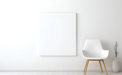 White chair near white wall with picture, space for text