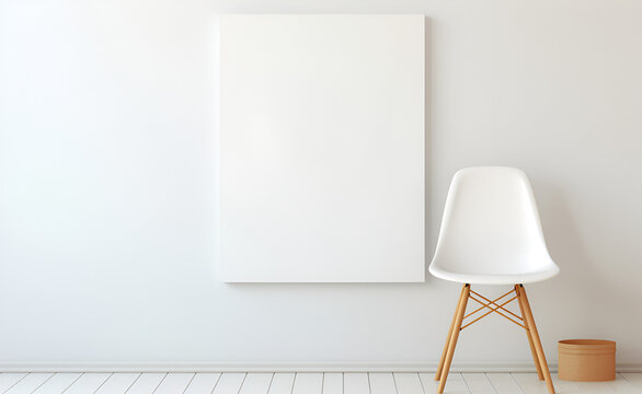 White chair near white wall with picture, space for text
