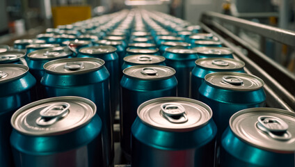 iron cans with drinks on a conveyor belt technology