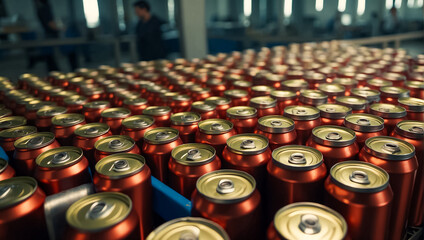iron cans with drinks on a conveyor belt