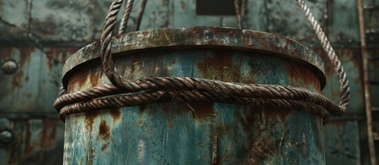 A rusted bucket with a thick rope hanging from it, showcasing the durability of the metal tank and its weathered appearance over time.