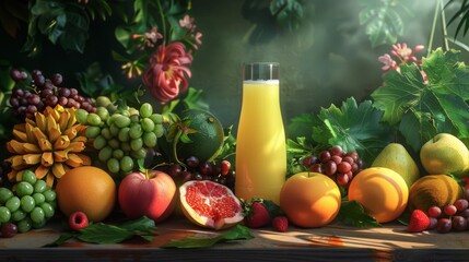 Healthy fresh fruits juice, drink. Vitamins, fitness drink, health food.