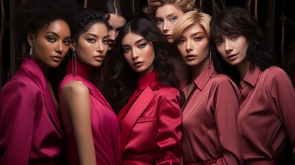 In front of a captivating fuchsia background, a lineup of beautiful models showcases their unique beauty and fashion-forward style, their confident expressions and impeccable gr - obrazy, fototapety, plakaty