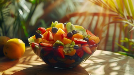 Fresh fruit salad in a bowl. Health food. Nutrition. Vegetarian meal. Fitness food. 