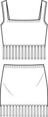 Women's Fringe Hem Top and Skirt Co-ord. Technical fashion illustration. Front, white color. Women's CAD mock-up. - obrazy, fototapety, plakaty