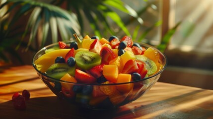 Fresh fruit salad in a bowl. Health food. Nutrition. Vegetarian meal. Fitness food. 